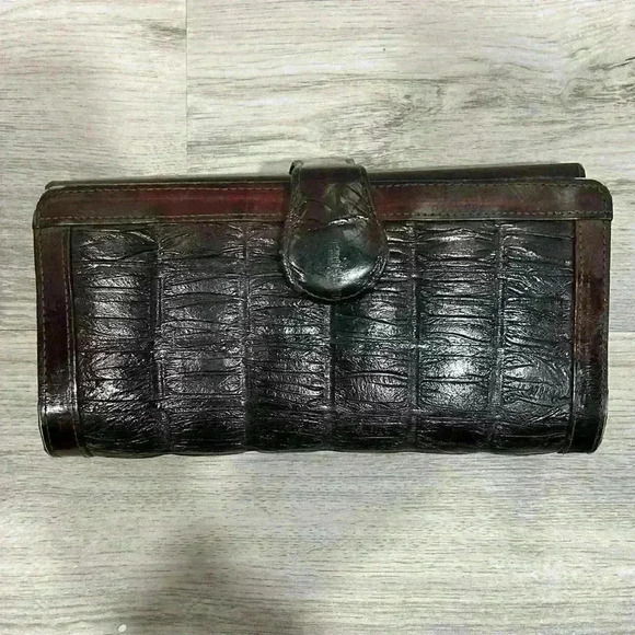 Vintage Eel Skin Shiny Leather Women's Large Wallet BiFold Black Brown - Picture 1 of 8